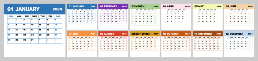 Calendar for 2024. Calendar in a minimalist corporate style. Bright planner template. 12 months year. Vector illustration in flat style