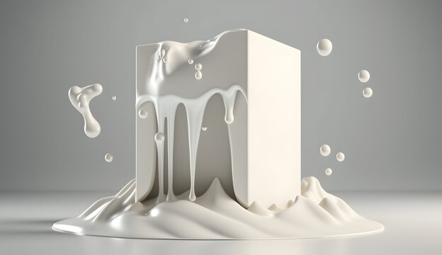 Milk splash with white podium, mockup background for milk product display, 3d rendering. Generative Ai.