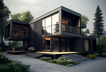 Contemporary modern house. Architect's house. Modern house with large windows. Real estate. Real estate agency. Real estate agent