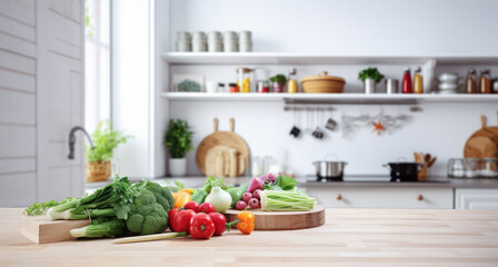 Empty wooden table with blurred kitchen interior background. Table with vegetables on top. Table top product display showcase stage. Image ready for montage your text or product. 