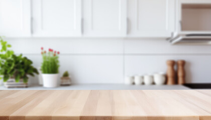 Empty wooden table with blurred kitchen interior background. Table top product display showcase stage. Image ready for montage your text or product.  - obrazy, fototapety, plakaty