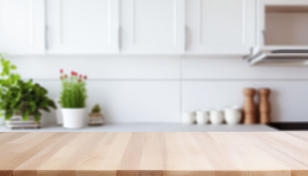 Empty wooden table with blurred kitchen interior background. Table top product display showcase stage. Image ready for montage your text or product. 