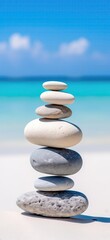 Closeup Of Rock Podium On White Sand Against Backdrop Of Unfocused Maldives Balance Stones. Phone Wallpaper