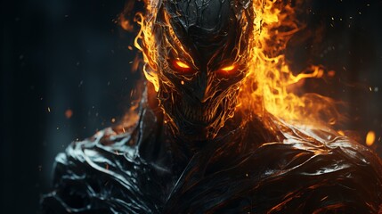 Dark fantasy. Game character fighting monsters. Fire demon and knight. Red eyes with flames. Fierce opponent