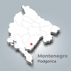 Montenegro 3d map with borders of regions and it’s capital