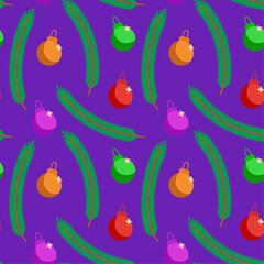 The Christmas Colorful Pattern with the Fir Branches and Decorations