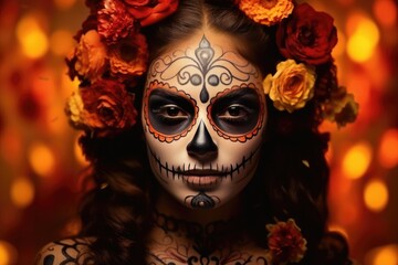 Day Of The Dead Woman In Sugar Skull Makeup On Floral Background