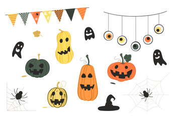 Set of Halloween elements for design. Sticker and banner decoration. Vector illustration in flat style on a white background. 
