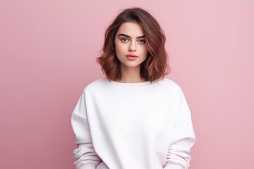 Fototapeta premium Gorgeous Lady In White Mockup Sweater, Standing In Pink Studio Background Mockup