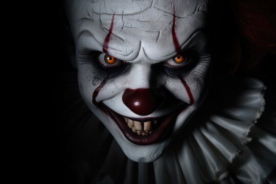 Closeup Of Terrifying Horror Clown On Dark Background. Сoncept Horror Movies, Halloween Costumes, Fear, Nightmares © Anastasiia
