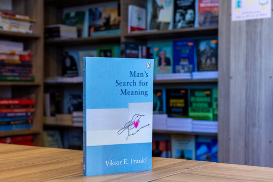 Close up Viktor Frankl's Man's Search for Meaning book in the bookshop. 