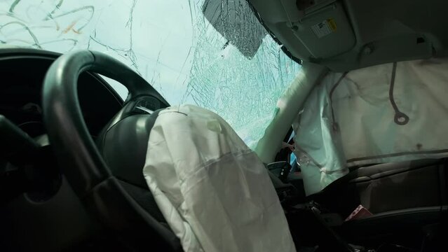 Cracked windshield window of a car after an accident. Move camera footage
