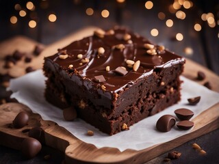 Delicious homemade brownie with ingredients and lights, blurry background