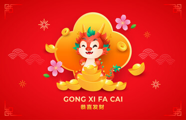 Chinese New Year 2024 greeting card with happy dragon zodiac, blossom flower, gold ingot. Holiday banners, web, poster, flyer. Vector illustration background. (Translation: prosperity wishes)