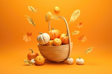 Pumpkins And Autumn Vegetables Falling From Wooden Rattan Basket Onto Orange Background