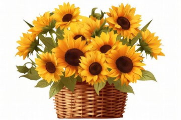 Basket Filled With Sunflowers Against Transparent Background, Ideal For Various Creative Projects