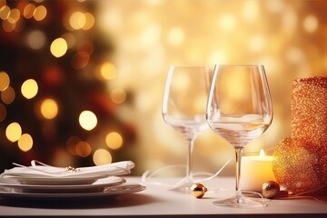 Christmas Family Dinner Table With Blurred Background, Setting The Stage For Festive Celebration