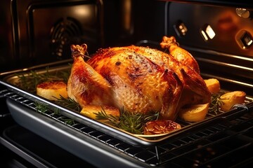 Closeup Of Chicken Roasting In The Oven, Capturing The Mouthwatering Details