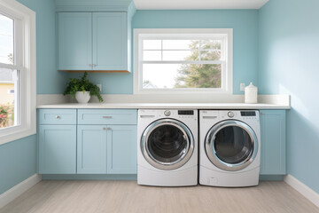 Coastal laundry room exuding serene tranquility with a bright and airy interior, featuring a tranquil blue and white color scheme, beach-inspired decor, and organized laundry supplies.