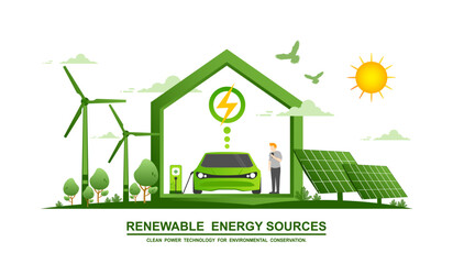 Environmental care and use clean green energy from renewable sources and low carbon concept, Modern eco house with Electric car charging system, Windmills farm or Wind power and Solar energy industry.