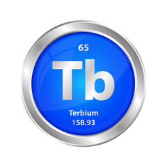 Icon structure Terbium (Tb) chemical element round shape circle blue. Chemical element of the periodic table. Sign with atomic number. Study in science for education. 3D vector illustration.