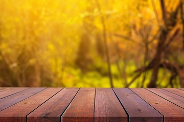 The empty blank wooden table with background of autumn.