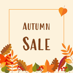Autumn Sale - Schriftzug in englischer Sprache - Herbstschlussverkauf. Herbstliches Verkaufsplakat mit bunten Blättern und Beeren.