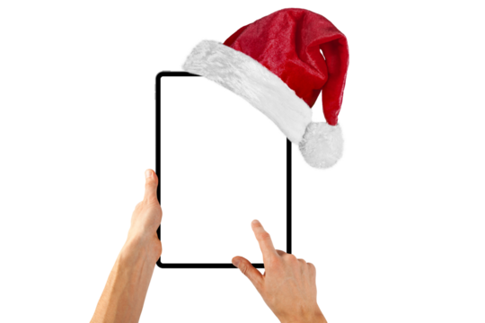 tablet computer isolated with a Santa Claus hat for Christmas on a transparent background in PNG format