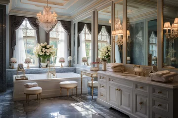 Fotobehang Glamorous Hollywood Regency bathroom exudes opulence with a mirrored vanity, crystal chandelier, and elegant lighting, showcasing the luxurious and stylish Hollywood interior design. © aicandy