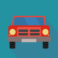 Red car from the front on a blue background with shadow in a flat design style