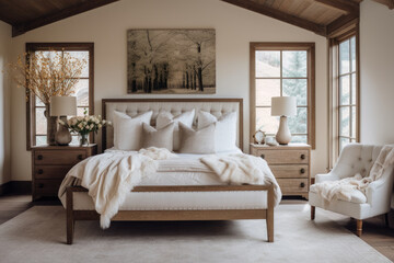 A Serene Bedroom Retreat: Cozy Farmhouse Haven with Rustic Furniture, Soft Ambient Lighting, and Traditional Accents