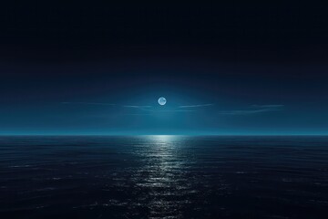 Full Moon Rising Over Empty Ocean At Night, Providing Ample Copy Space For Various Uses