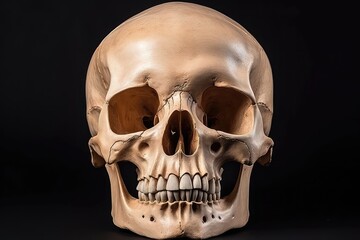 Front View Of Natural Human Skull Isolated On Black Background - obrazy, fototapety, plakaty