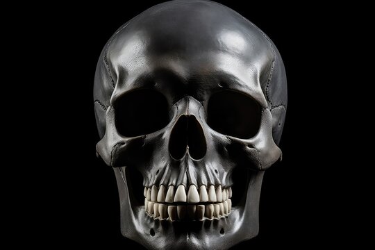 Front View Of Natural Human Skull Isolated On Black Background