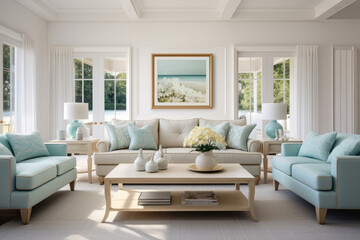 A Spacious and Minimalistic Living Room Oasis: Tranquil Harmony in Turquoise and White, Creating an Inviting and Stylish Ambiance