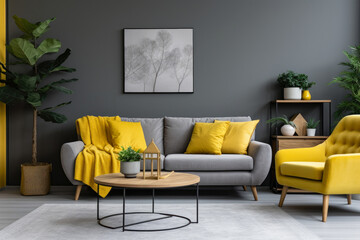 A Cozy and Modern Living Room Interior in Gray and Mustard Yellow Colors: Harmonious Design with Stylish Furniture, Textiles, and Accessories, Creating an Inviting and Spacious Ambiance.