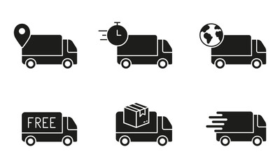 Fast Van, Free Shipping Transport Silhouette Icon Set. Delivery Truck Glyph Pictogram. Logistic, Parcel Shipment Solid Sign. Cargo Transportation Symbol Collection. Isolated Vector Illustration