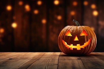 Scary Halloween Pumpkin Placed On Wooden Planks, Creating Spooky Atmosphere