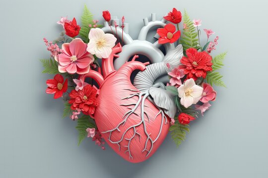 Heart Organ With Blooming Flowers, Conveying Health And Disease Concepts, Designed In Bannerstyle Effect