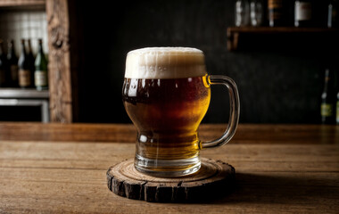 glass of beer with foam on old wooden pub table - obrazy, fototapety, plakaty