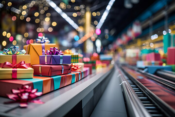 Closeup of multiple colorful fancy Christmas gift and presents moving along a conveyor belt in a warehouse fulfillment center, which decorated by christmas ornament.