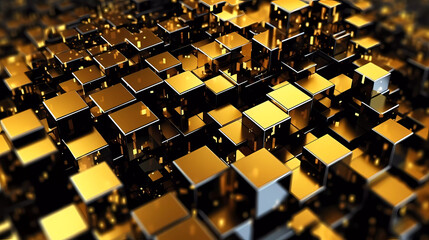 Fototapeta premium A very large amount of shiny metal squares in a pattern of gold and black colors&nbsp;with a black background