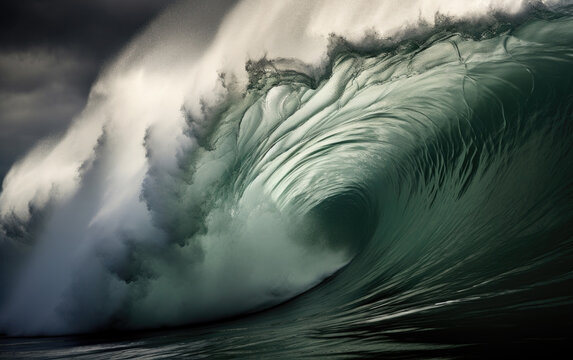 Close view of a big ocean cloudbreak wave in the sea showing its powerful swell on a dramatic grey cloudy day.