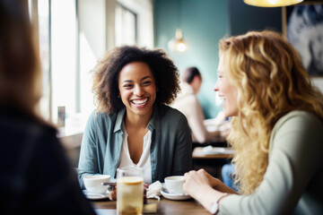 Happy smiling female friends sitting in a café laughing and talking during a lunch break