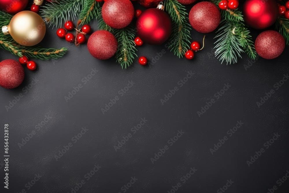 Poster christmas ornaments with evergreen tree branches on black background with copy space for design in b