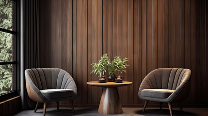 Twin Barrel Chairs & Wooden Coffee Table by a Paneling Wall, generative Ai