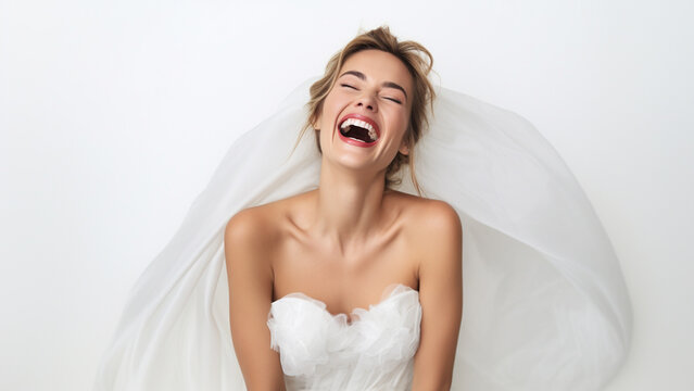 Bride's happy smile in white dress