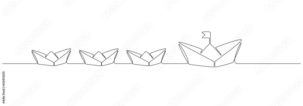 Aufkleber One continuous line drawing of paper boat. Business group leadership success concept represented by origami boats with leader in simple linear style. Editable stroke. Doodle vector illustration