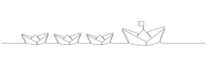 One continuous line drawing of paper boat. Business group leadership success concept represented by origami boats with leader in simple linear style. Editable stroke. Doodle vector illustration