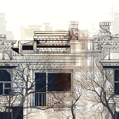Urban tales: sketch of houses and trees endless motif. Digital art and watercolour, ink texture. Seamless vintage border for packaging, scrapbooking, textile.  - 656434847